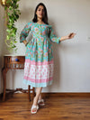 Indiehaat | Cotton Long One Piece Dress Pastel Green Color Bagru Hand Printed Size 36 to 46