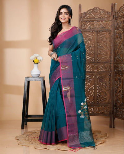 Indiehaat | Cotton Silk Green Saree Handloom Mina Work