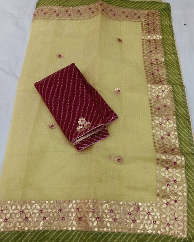 Indiehaat | Kota Cotton Jugnu Checks Gota Patti Yellow Saree