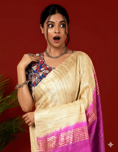 Silkmark Ghicha Tussar Classy Beige & Purple Saree