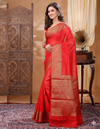 Silk Linen Banarasi Brocade Handloom Orange Saree with Blouse-Indiehaat