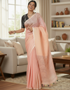Whispering Pure Linen Kantha Work Peach Saree