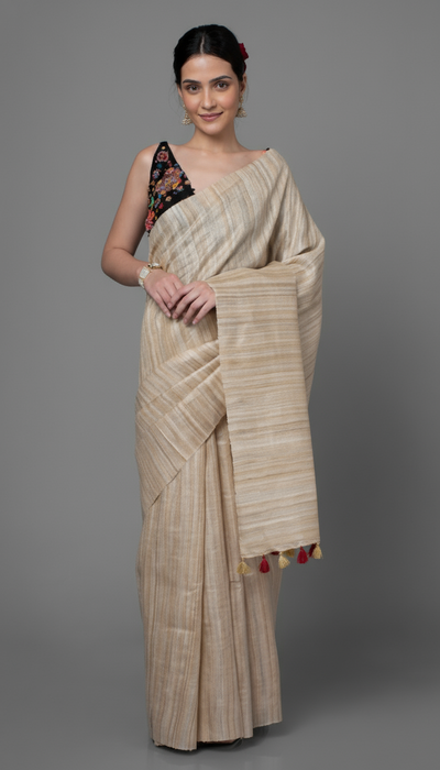 Silkmark Ghicha Tussar Thoughtful Beige Saree
