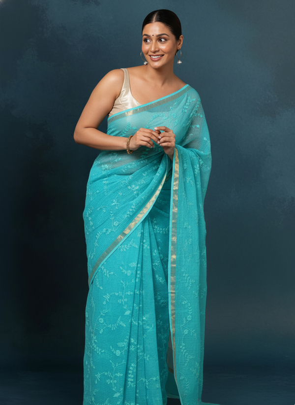 Pure Cotton Kota Doria Saree Turquoise Blue Jaal Embroidery