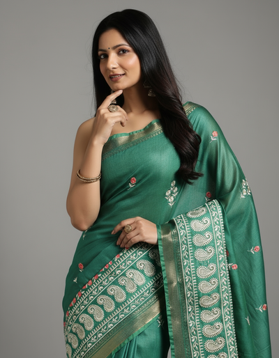 Ornamental Silk Linen Embroidered Green Saree