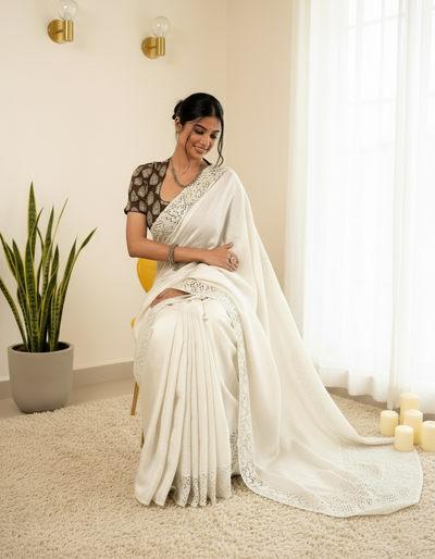 Silkmark Certified Melodic Pure Tussar Cutwork Beige Saree