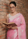 Pure Linen Embroidered Handloom Pink Saree  Saree with Running Blouse Handcrafted-Indiehaat