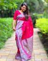 Indiehaat | Soft Silk Contrast Zari Woven Pink Saree