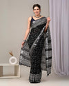 Indiehaat | Linen Saree Black Color Kalamakari Handblock Printed With Running Blouse