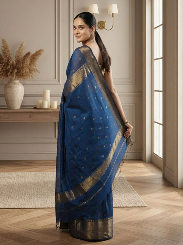 Melodic Maheshwari Pure Silk Butta Body Teal Blue Saree
