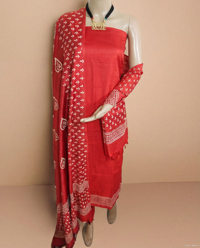 Katan Silk Alluring Blockprint Red Suit