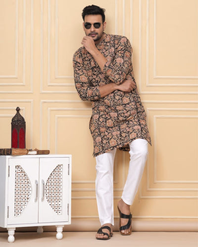 Indiehaat | Royal Reflection BlockPrinted Cotton Kurta Pyjama Raisin Black