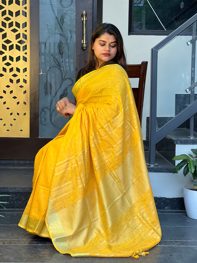 Handwoven Pure Linen Yellow Saree with Blouse-Indiehaat