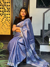 Enigmatic Pure Tissue Linen Blue Handdyed Saree