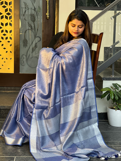 Enigmatic Pure Tissue Linen Blue Handdyed Saree