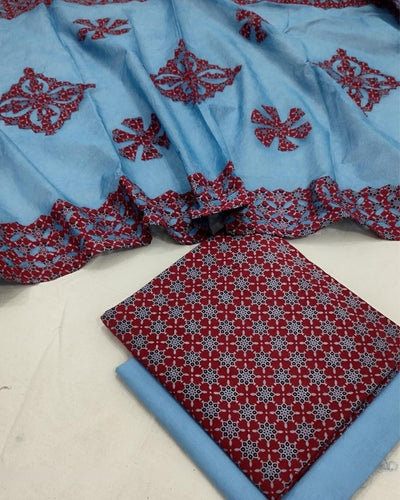 Indiehaat|Ajrakh print Cotton Suit with Applique Dupatta Blue