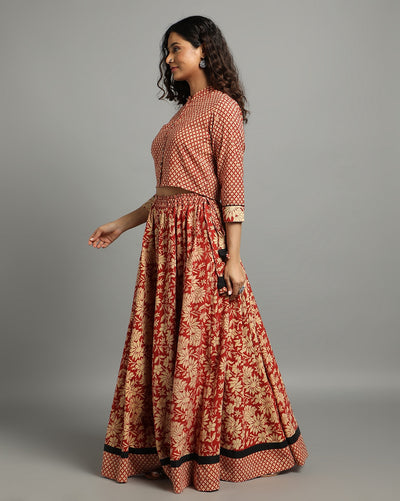 Indiehaat | Blockprinted Cotton Red Stitched Lehanga