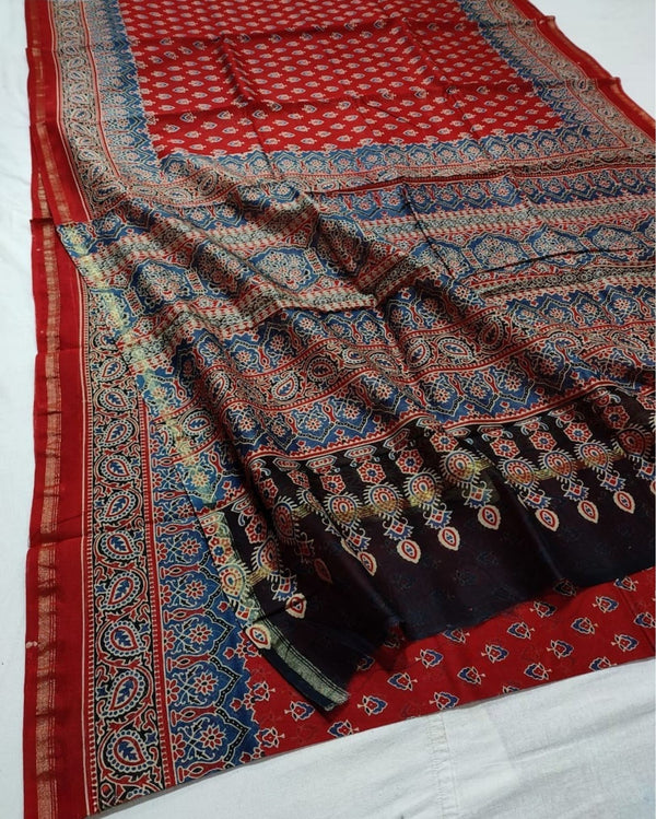 Indiehaat | Chanderi Silk Ajrakh Print Saree Red