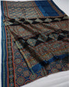 Indiehaat | Chanderi Silk Ajrakh Print Saree Blue
