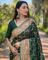 Indiehaat | Banarasi Jaal Katan Silk Zari Woven Green Saree