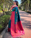 Indiehaat | Soft Silk Contrast Zari Woven Green & Pink Saree