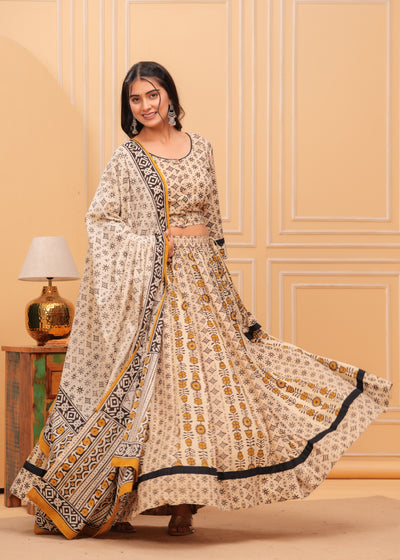 Indiehaat | Blockprinted Beige Lehanga Choli Set