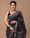 Indiehaat | Maheshwari Silk Saree Indigo Color Bagru Handblock Printed with Running Blouse (Silk by Silk)