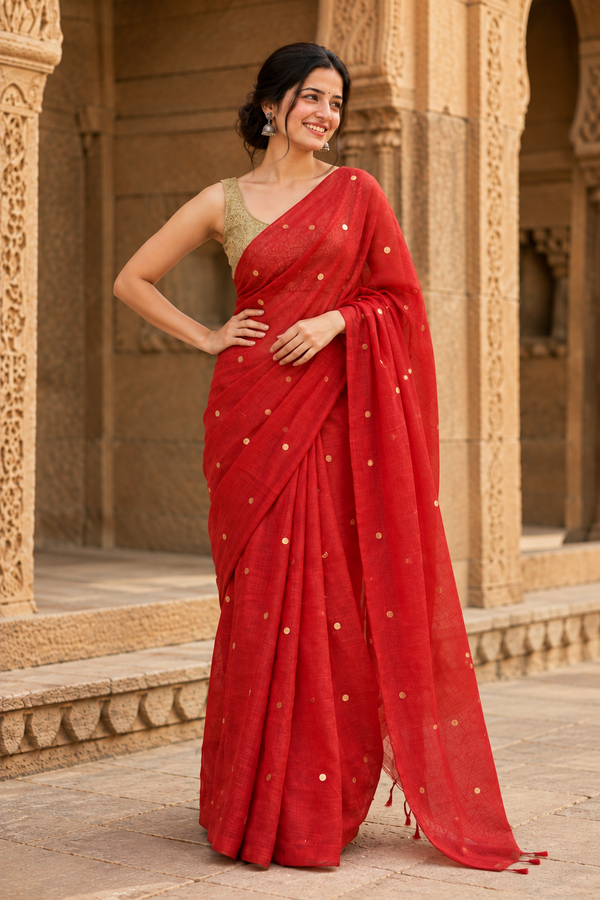 Chamak Pure Mul Cotton Sequin Red Saree