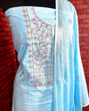 Indiehaat | Gulmohar Slub Linen Blue Unstiched Embroidered Suit