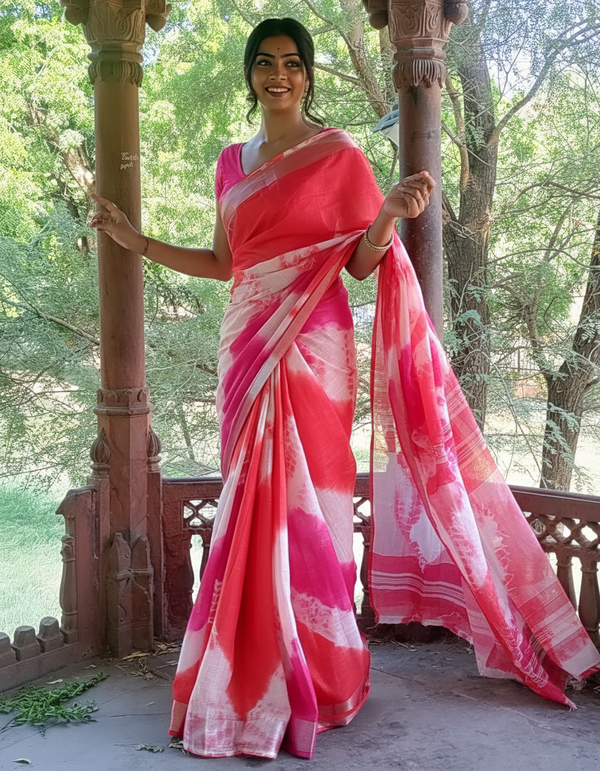 Blush Slub Linen Saree Pink & Red Shibori Hand Dyed