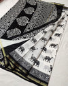 Indiehaat | Blockprint Chanderi Silk Saree in Black & White | Elegant Monochrome Saree