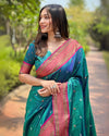 Indiehaat | Paithani Silk Zari Woven Contrast Green & Pink Saree