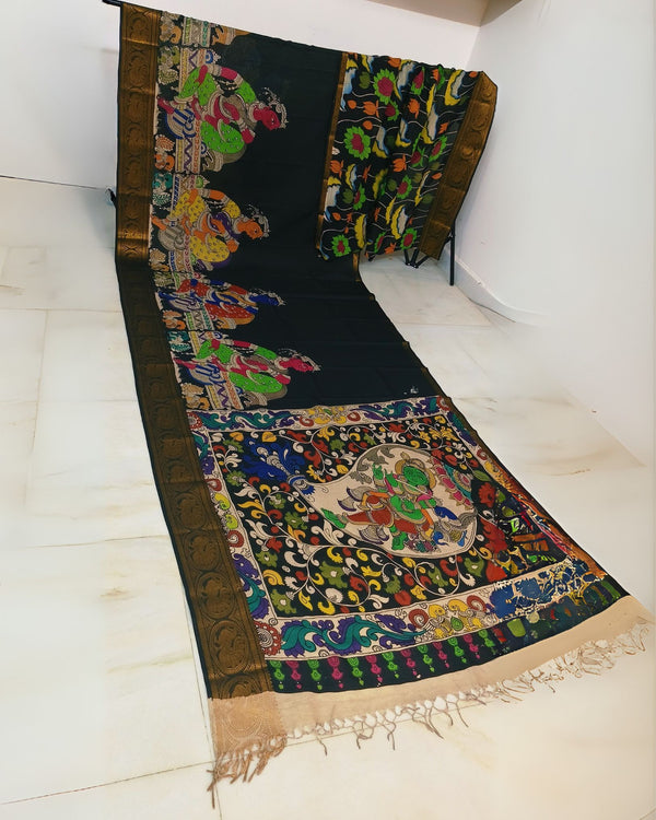 Indiehaat | Mangalagiri Handpainted Silk Saree Black