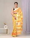 Indiehaat | Linen Saree Yellow Color Kalamakari Handblock Printed With Running Blouse