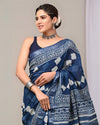 Indiehaat | Linen Saree Indigo Color Kalamakari Handblock Printed With Running Blouse