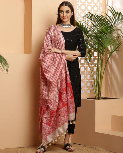 Indiehaat | Katan Silk Blockprint Dupatta Red