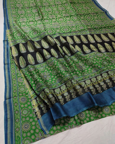 Indiehaat | Ajrakh Printed Chanderi Silk Saree Green | Serenity in Silk