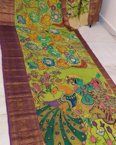 Indiehaat | Mangalagiri Pattu Kalamkari Green Saree | Unique