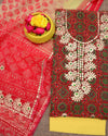 Indiehaat|Kota Doria Gota Patti Red & Yellow Suit(Top+Bottom+Dupatta)