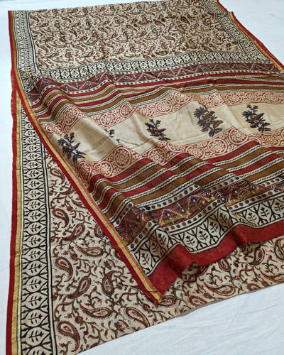 Indiehaat | Chanderi Silk Kalamkari Beige Saree