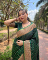 Indiehaat | Banarasi Jaal Katan Silk Zari Woven Green Saree