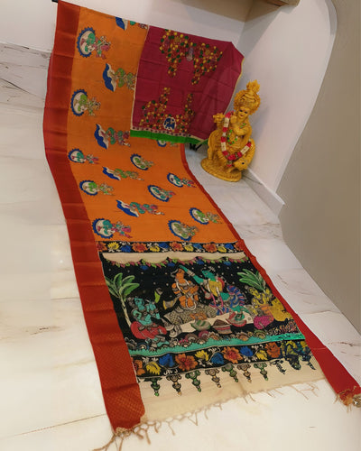 Indiehaat | Mangalagiri Handpainted Silk Saree Multicolor