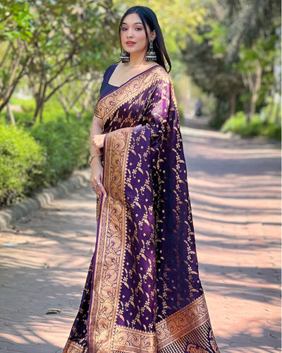 Indiehaat | Banarasi Jaal Katan Silk Zari Woven Wine Saree