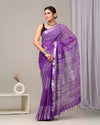 Indiehaat | Linen Saree Purple Color Kalamakari Handblock Printed With Running Blouse