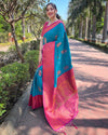 Indiehaat | Soft Silk Contrast Zari Woven Blue Saree