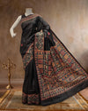 Indiehaat | Madhubani Handpainted Tussar Silk Black Saree