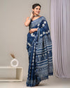 Indiehaat | Linen Saree Indigo Color Kalamakari Handblock Printed With Running Blouse