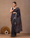 Indiehaat | Maheshwari Silk Saree Indigo Color Bagru Handblock Printed with Running Blouse (Silk by Silk)