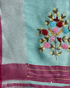 Oceanic Pure Linen Floral Embroidered Blue Saree