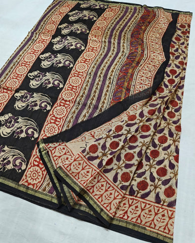 Indiehaat | Chanderi Silk Kalamkari Beige Saree